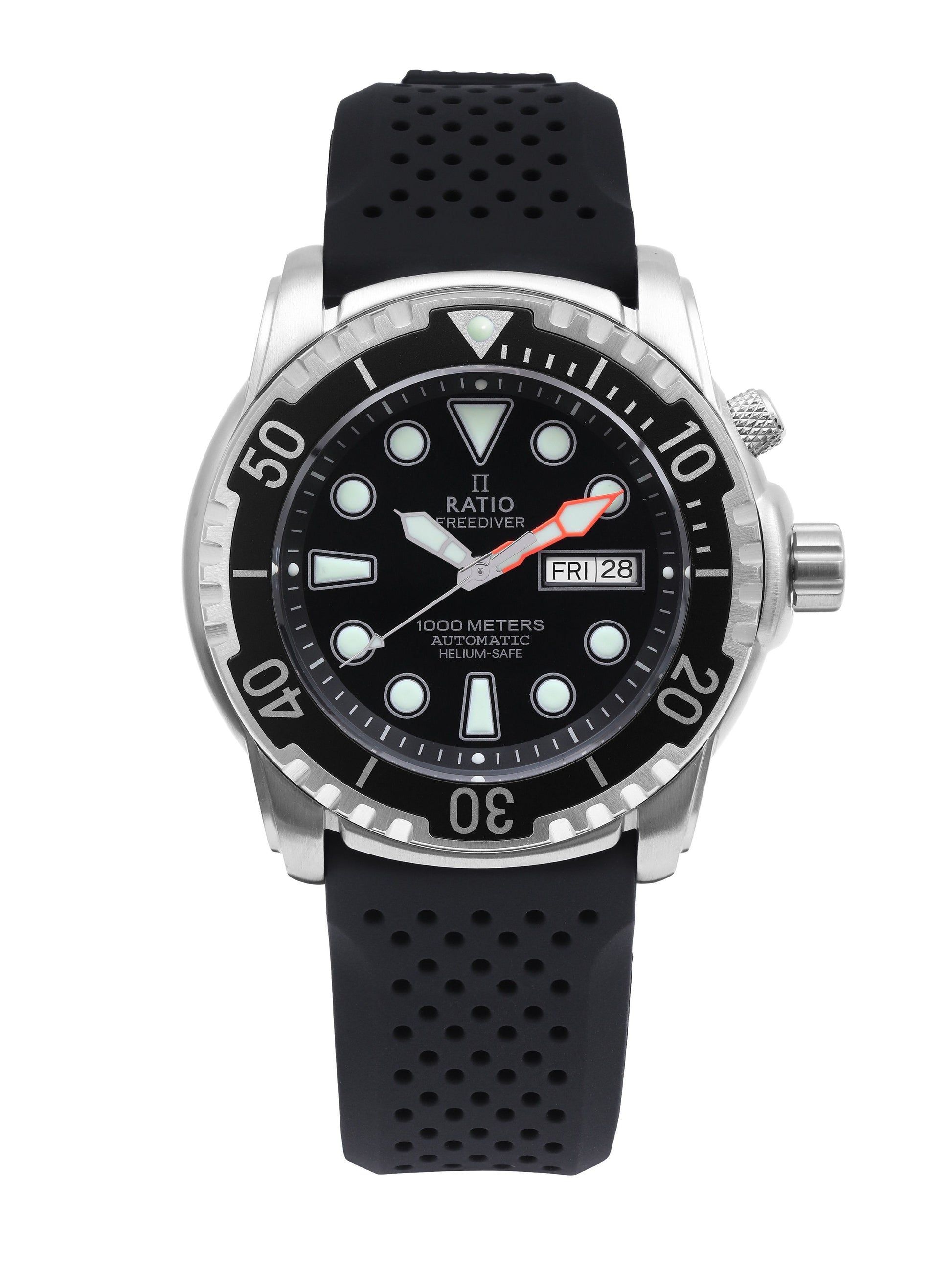 Ratio FreeDiver Helium-Safe 1000M Sapphire Automatic. A brand-new RATIO FreeDiver watch featuring a Silicone strap. Side view.