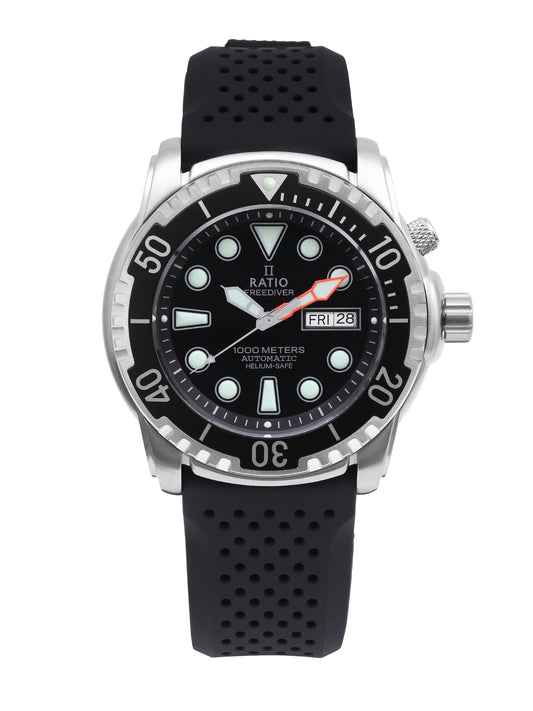 Ratio FreeDiver Helium-Safe 1000M Sapphire Automatic. A brand-new RATIO FreeDiver watch featuring a Silicone strap. Side view.
