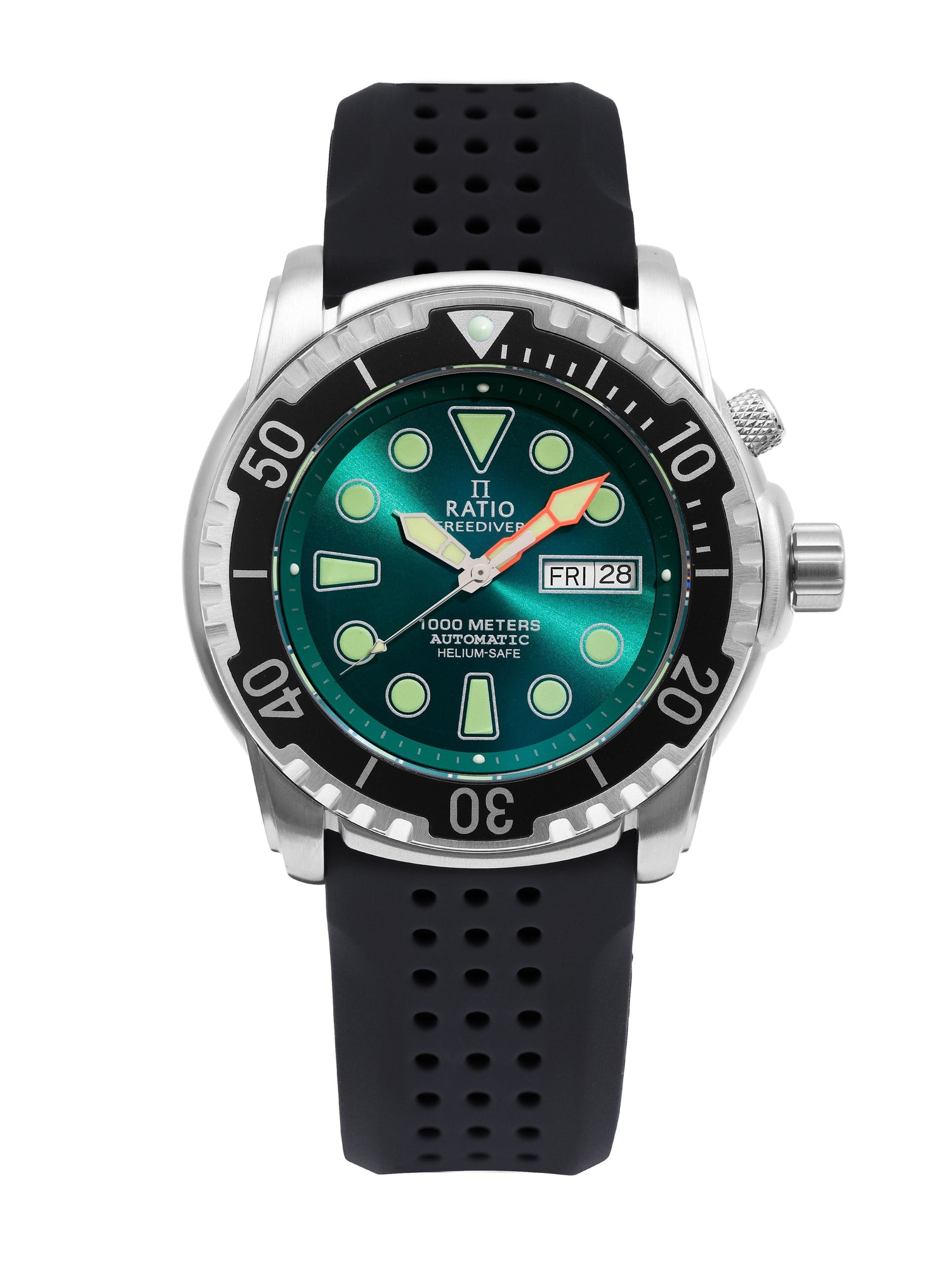 Ratio FreeDiver Helium-Safe 1000M Sapphire Automatic. A brand-new RATIO FreeDiver watch featuring a Silicone strap. Side view.