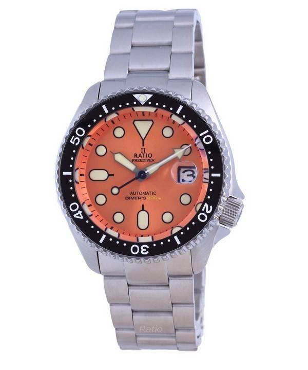 Ratio FreeDiver Orange Dial Sapphire Crystal Stainless. A brand-new RATIO FreeDiver watch featuring a Orange dial and a Stainless steel strap. Front view.