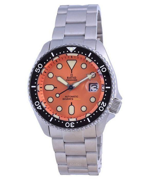Ratio FreeDiver Orange Dial Sapphire Crystal Stainless. A brand-new RATIO FreeDiver watch featuring a Orange dial and a Stainless steel strap. Front view.