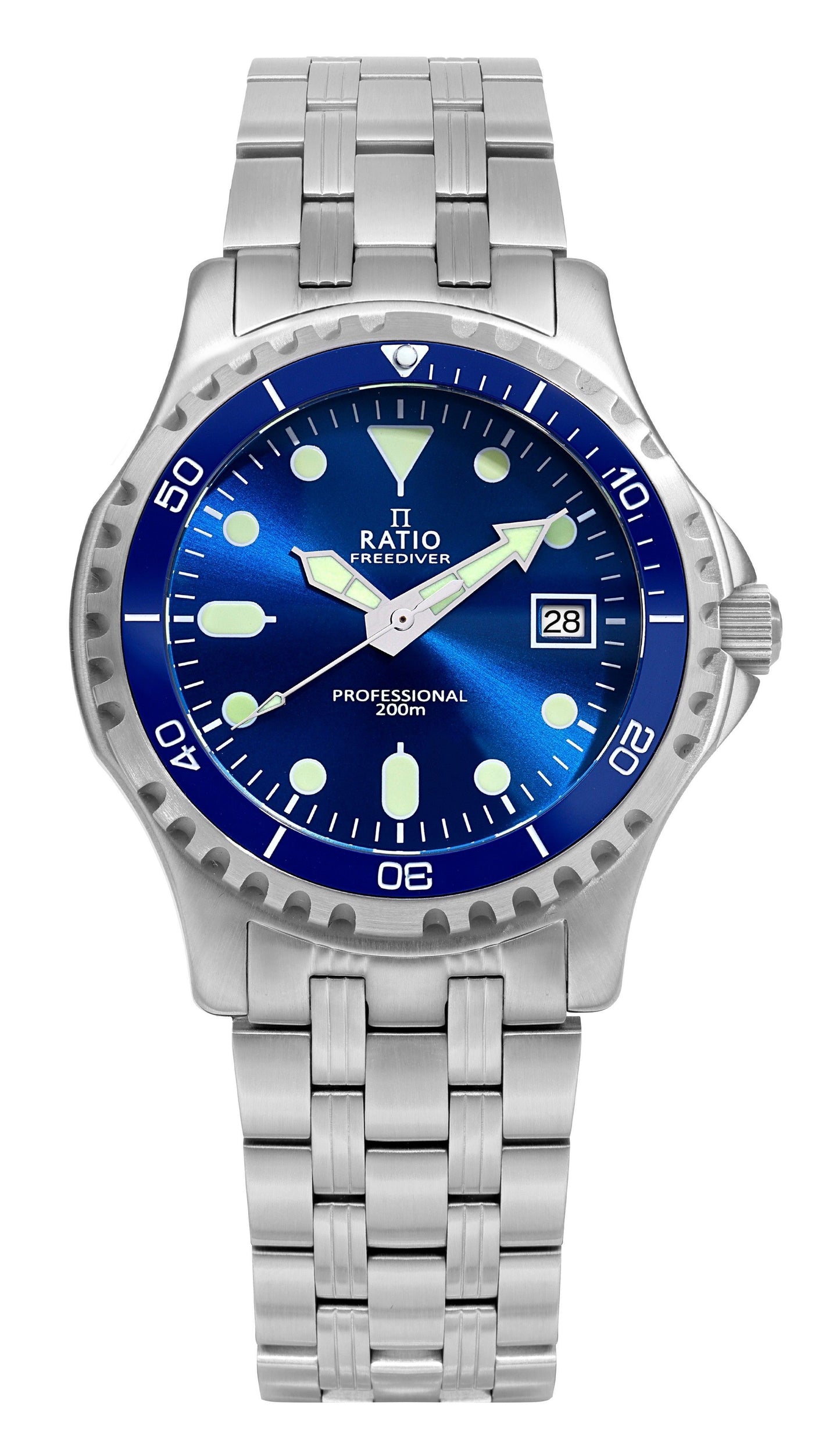Ratio FreeDiver Professional Sapphire Blue Sunray Dial. A brand-new RATIO FreeDiver watch featuring a Blue Sunray dial. Side view.