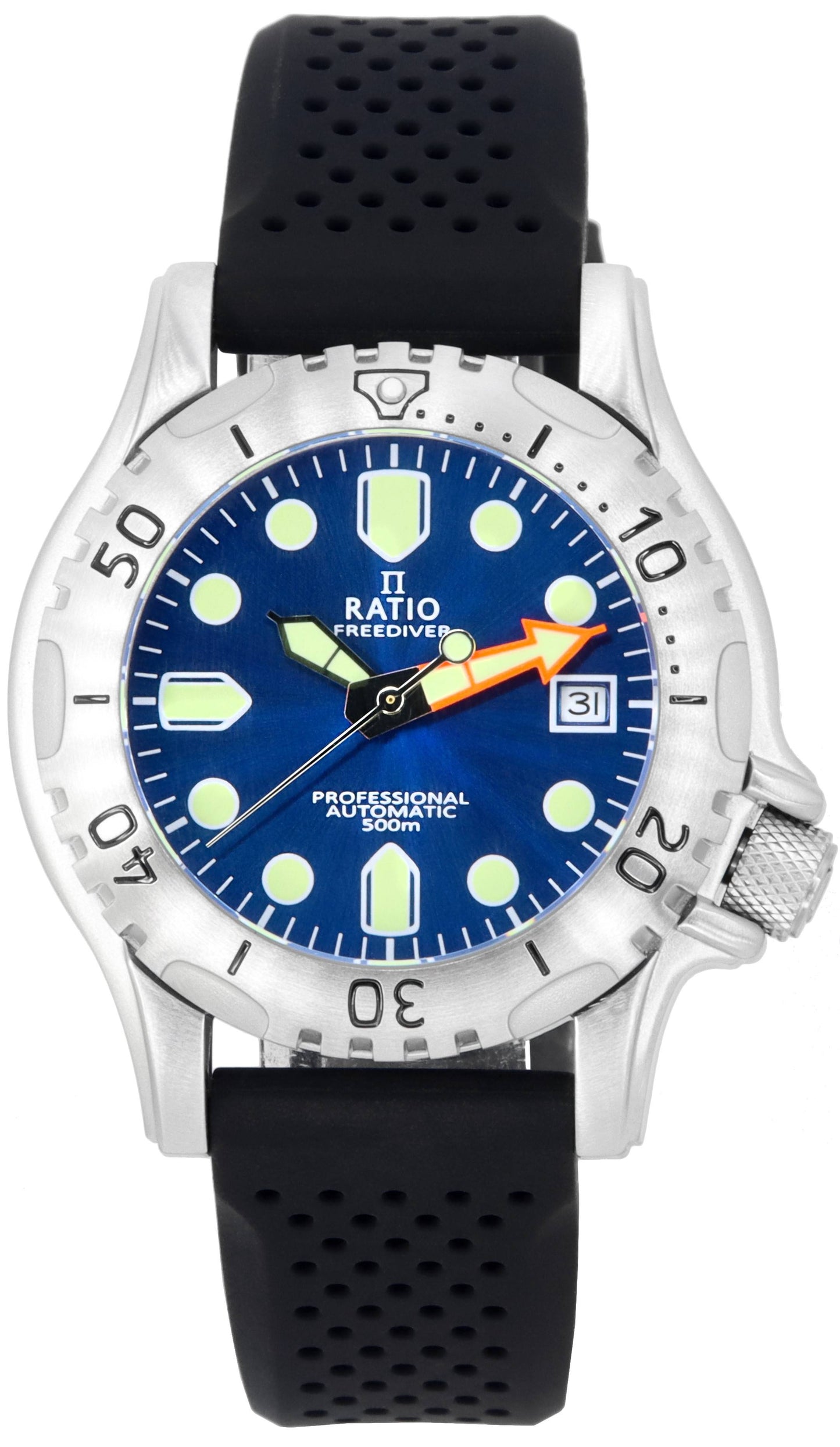 Ratio FreeDiver Professional Sapphire Blue Sunray Dial. A brand-new RATIO FreeDiver watch featuring a Blue Sunray dial. Side view.