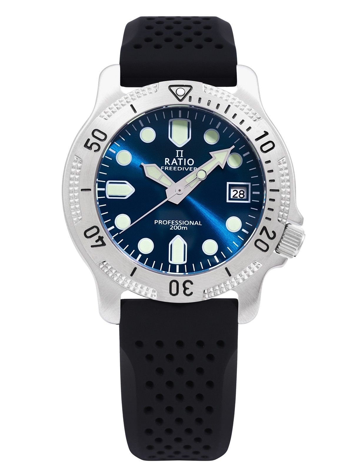 Ratio FreeDiver Professional Sapphire Blue Sunray Dial. A brand-new RATIO FreeDiver watch featuring a Blue Sunray dial. Angled view.
