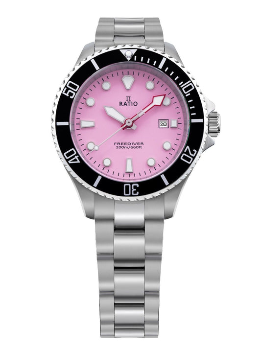 Ratio FreeDiver Sapphire Stainless Steel Candy Pink Dial. A brand-new RATIO FreeDiver watch featuring a Pink dial and a Stainless steel strap. Front view.