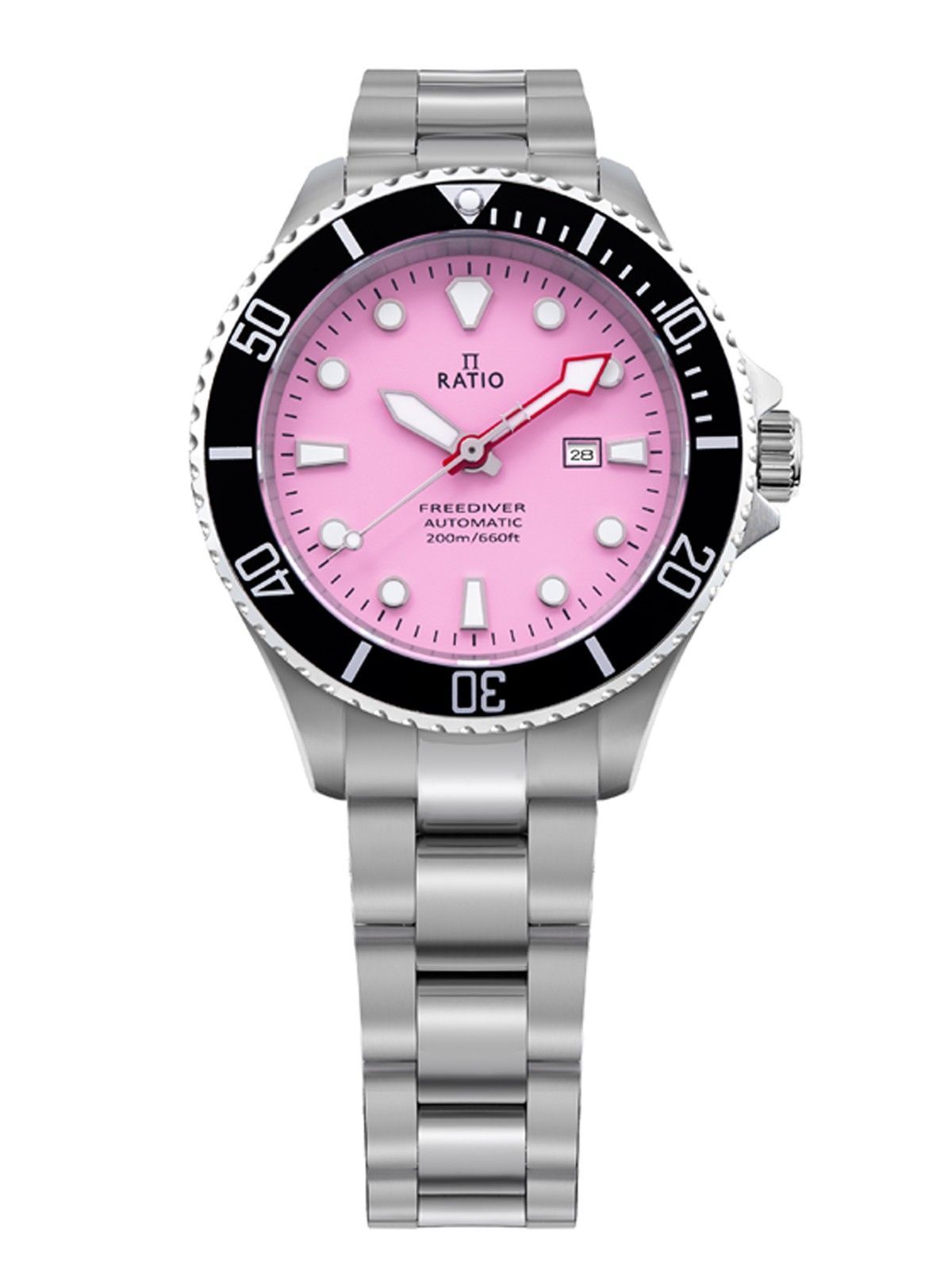 Ratio FreeDiver Sapphire Stainless Steel Candy Pink Dial. A brand-new RATIO FreeDiver watch featuring a Pink dial and a Stainless steel strap. Side view.