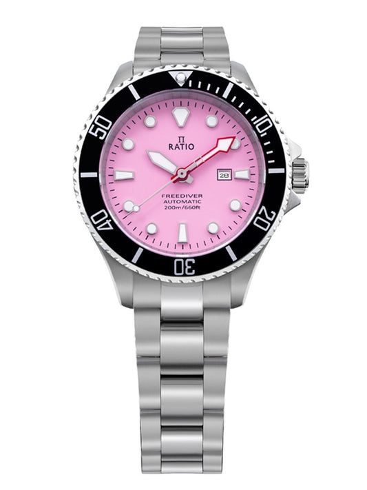 Ratio FreeDiver Sapphire Stainless Steel Candy Pink Dial. A brand-new RATIO FreeDiver watch featuring a Pink dial and a Stainless steel strap. Side view.