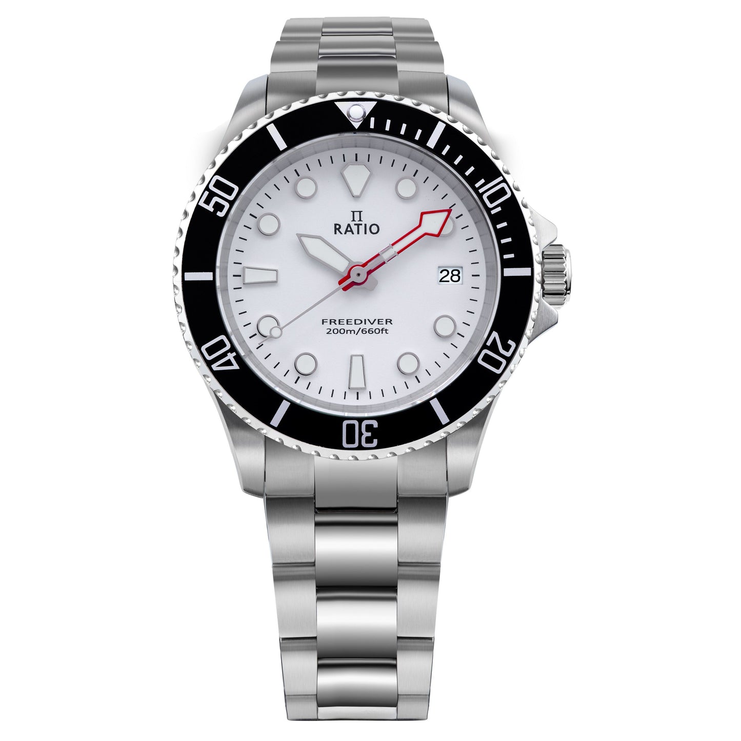 Ratio FreeDiver Sapphire Stainless Steel White Dial Quartz. A brand-new RATIO FreeDiver watch featuring a White dial and a Stainless steel strap. Side view.