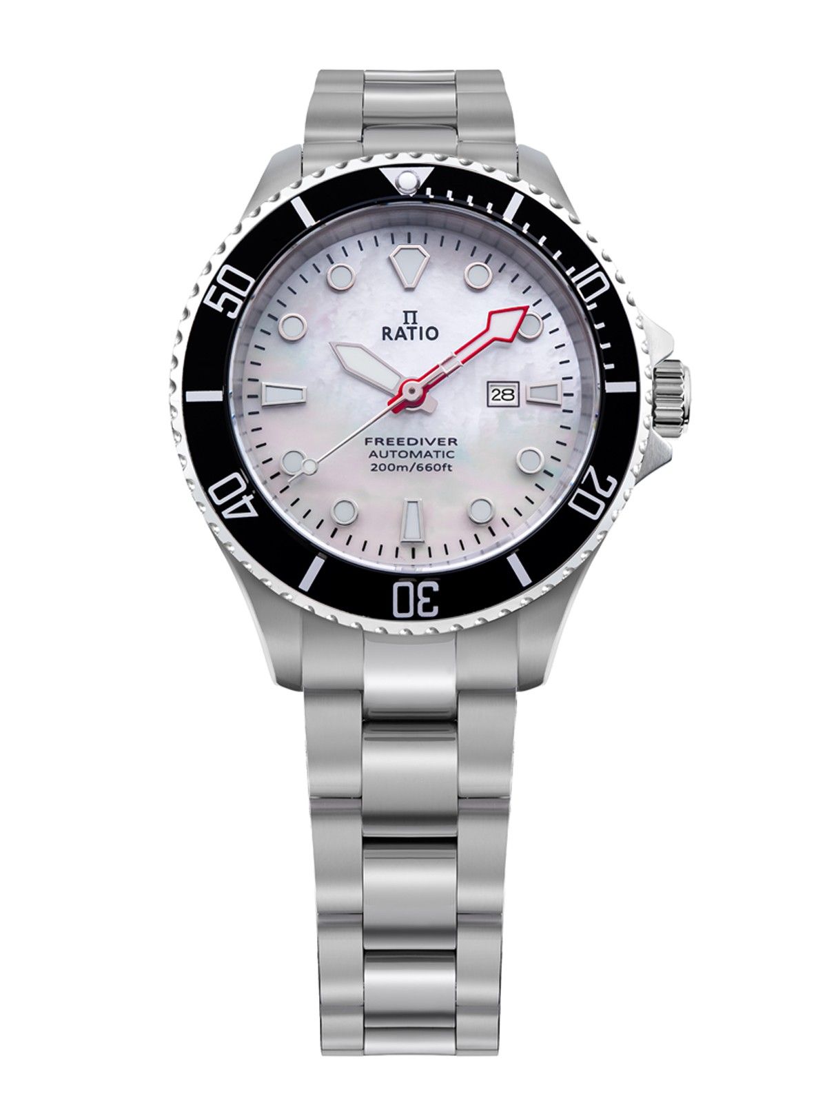 Ratio FreeDiver Sapphire Stainless Steel White Mother Of. A brand-new RATIO FreeDiver watch featuring a Mother Of Pearl dial and a Stainless steel strap. Front view.