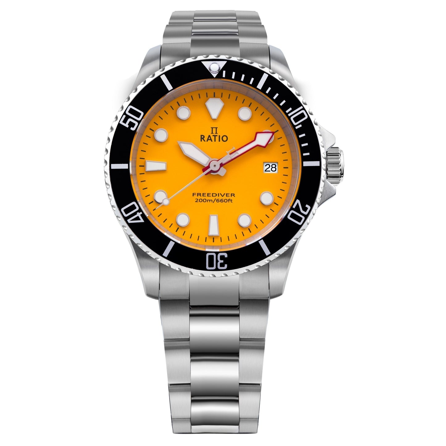 Ratio FreeDiver Sapphire Stainless Steel Yellow Dial Quartz. A brand-new RATIO FreeDiver watch featuring a Yellow dial and a Stainless steel strap. Angled view.