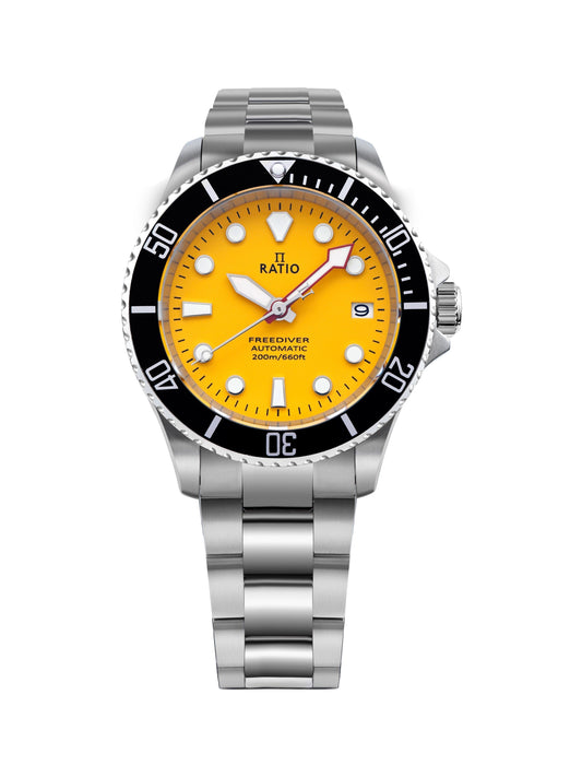 Ratio FreeDiver Sapphire Stainless Steel Yellow Dial. A brand-new RATIO FreeDiver watch featuring a Yellow dial and a Stainless steel strap. Side view.