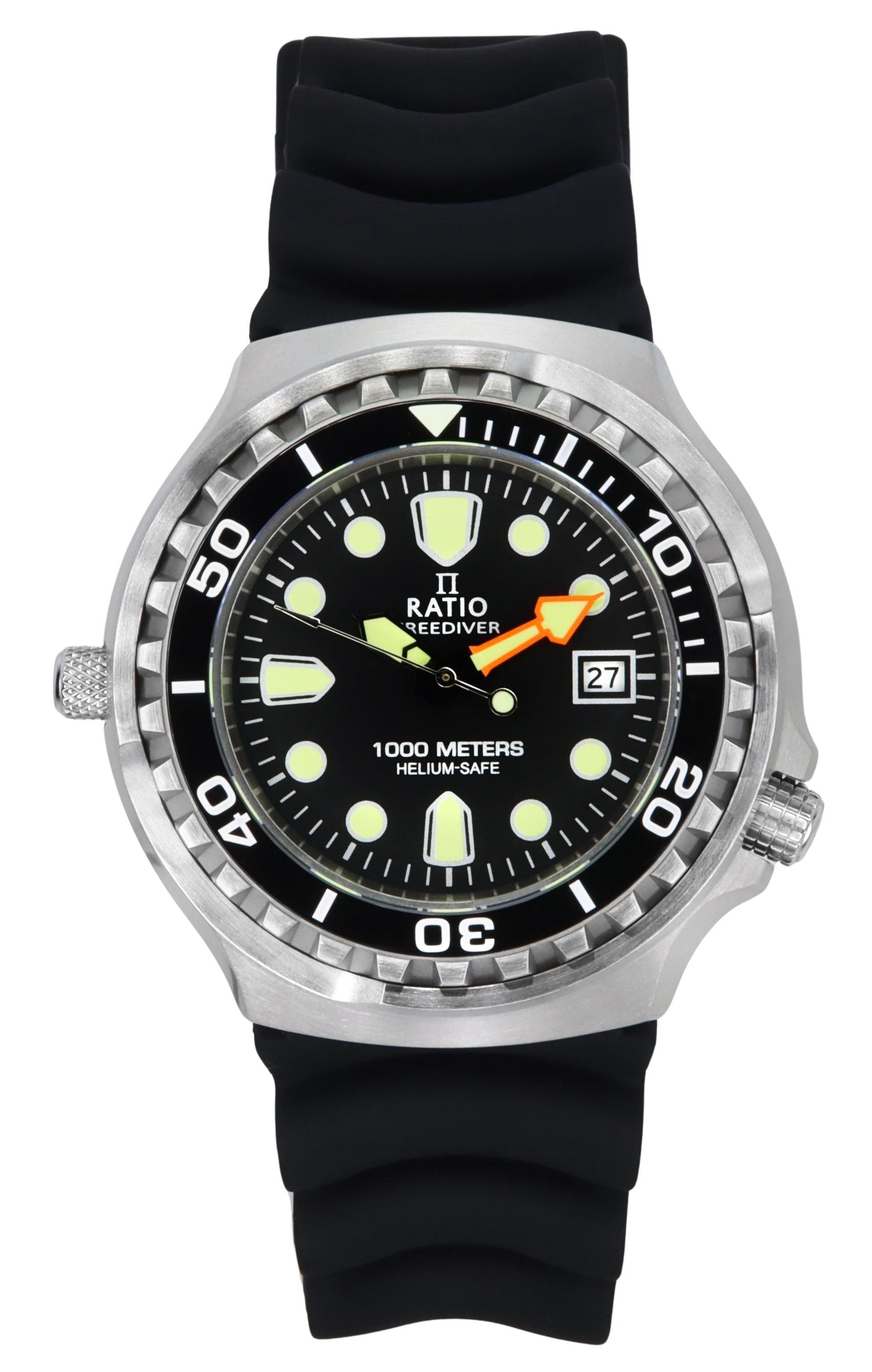 Ratio FreeDiver Version 02 Helium Safe 1000M Sapphire. A brand-new RATIO FreeDiver watch featuring a Black dial. Front view.