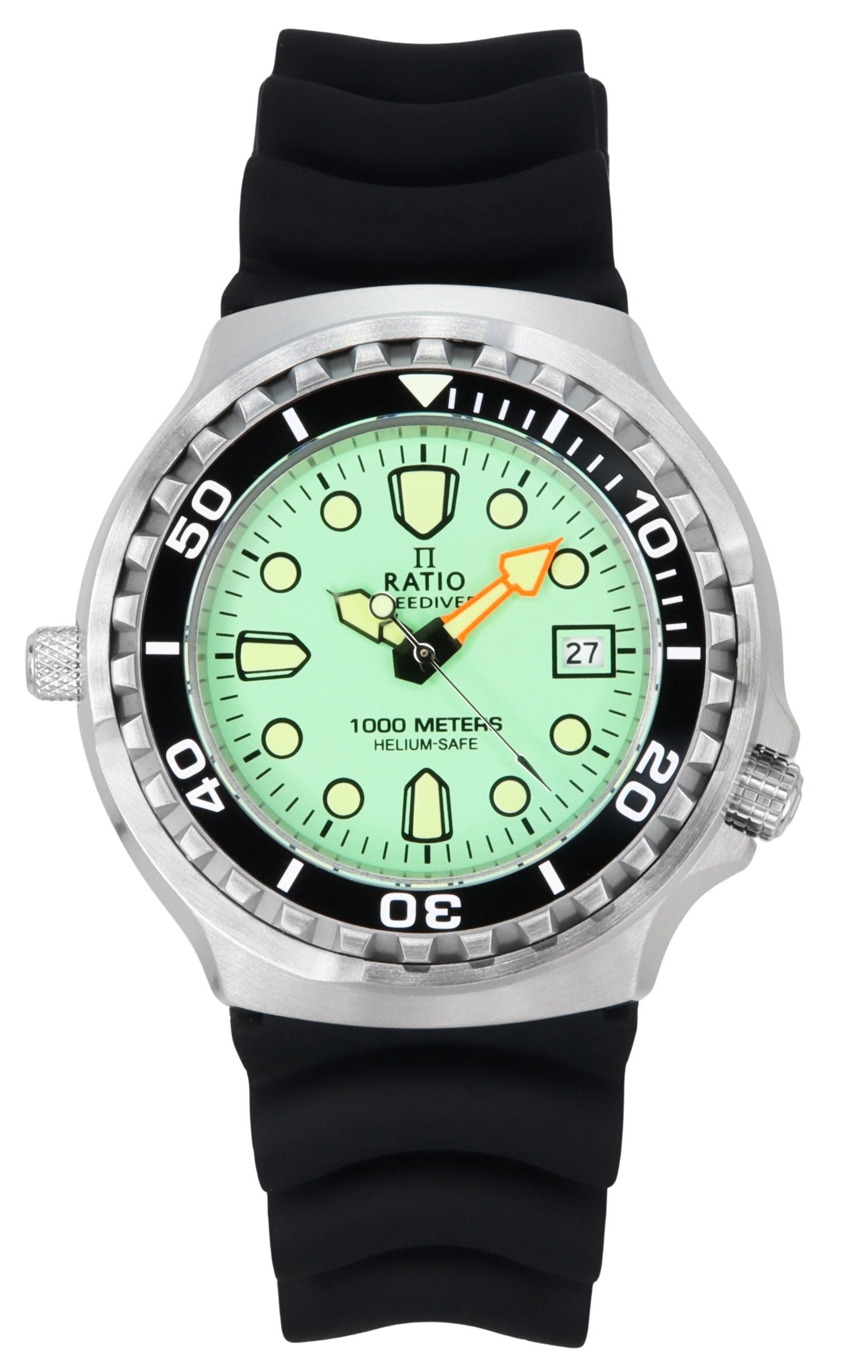 Ratio FreeDiver Version 02 Helium Safe 1000M Sapphire. A brand-new RATIO FreeDiver watch featuring a Green dial. Side view.