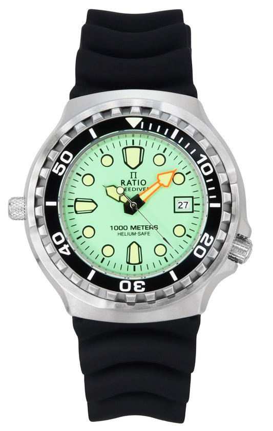 Ratio FreeDiver Version 02 Helium Safe 1000M Sapphire. A brand-new RATIO FreeDiver watch featuring a Green dial. Side view.