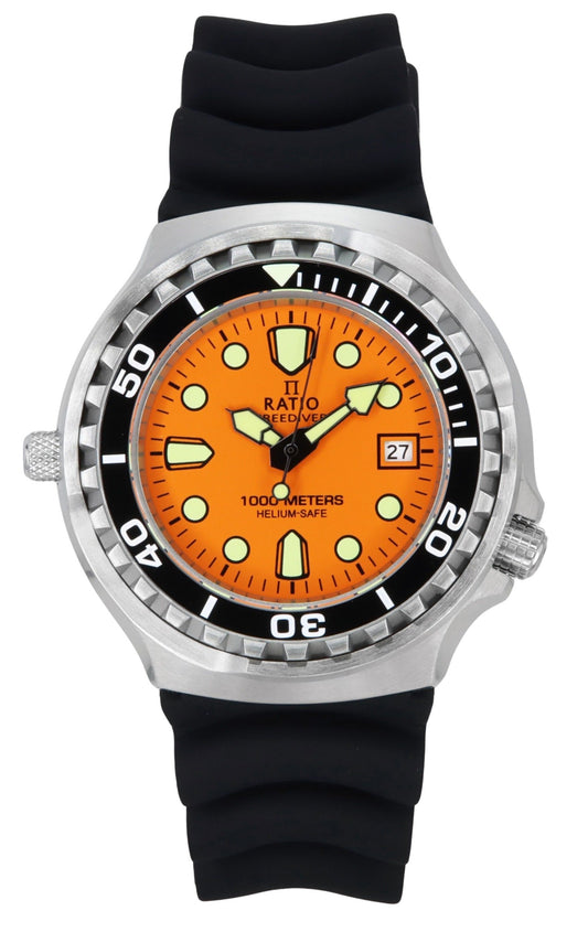 Ratio FreeDiver Version 02 Helium Safe 1000M Sapphire. A brand-new RATIO FreeDiver watch featuring a Orange dial. Front view.