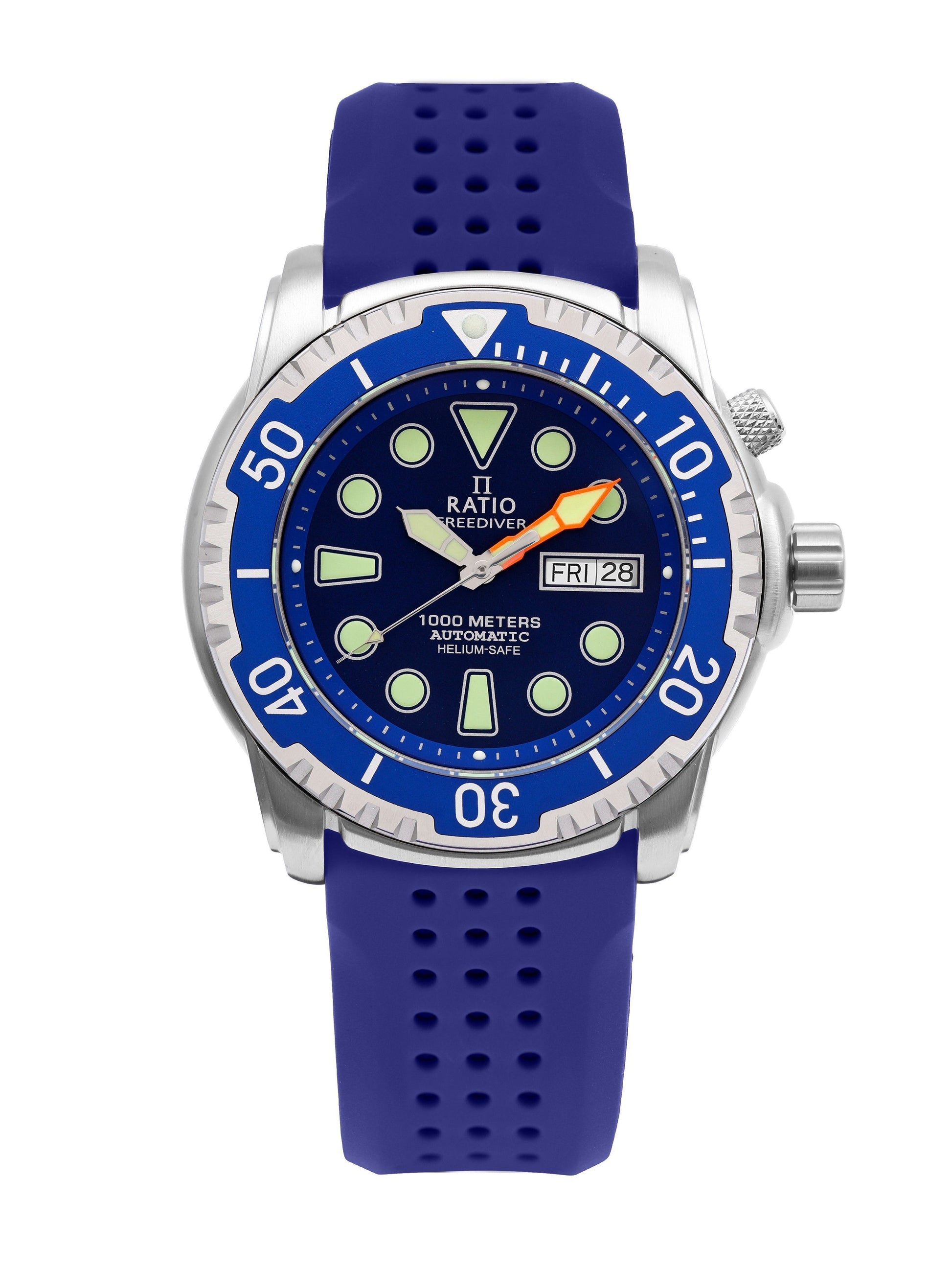 Ratio FreeDiver Version 02 Helium Safe 1000M Sapphire. A brand-new RATIO FreeDiver watch featuring a Blue dial. Front view.