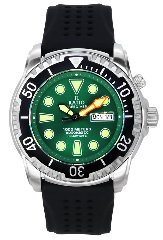 Ratio FreeDiver Version 02 Helium Safe 1000M Sapphire. A brand-new RATIO FreeDiver watch featuring a Green dial. Angled view.
