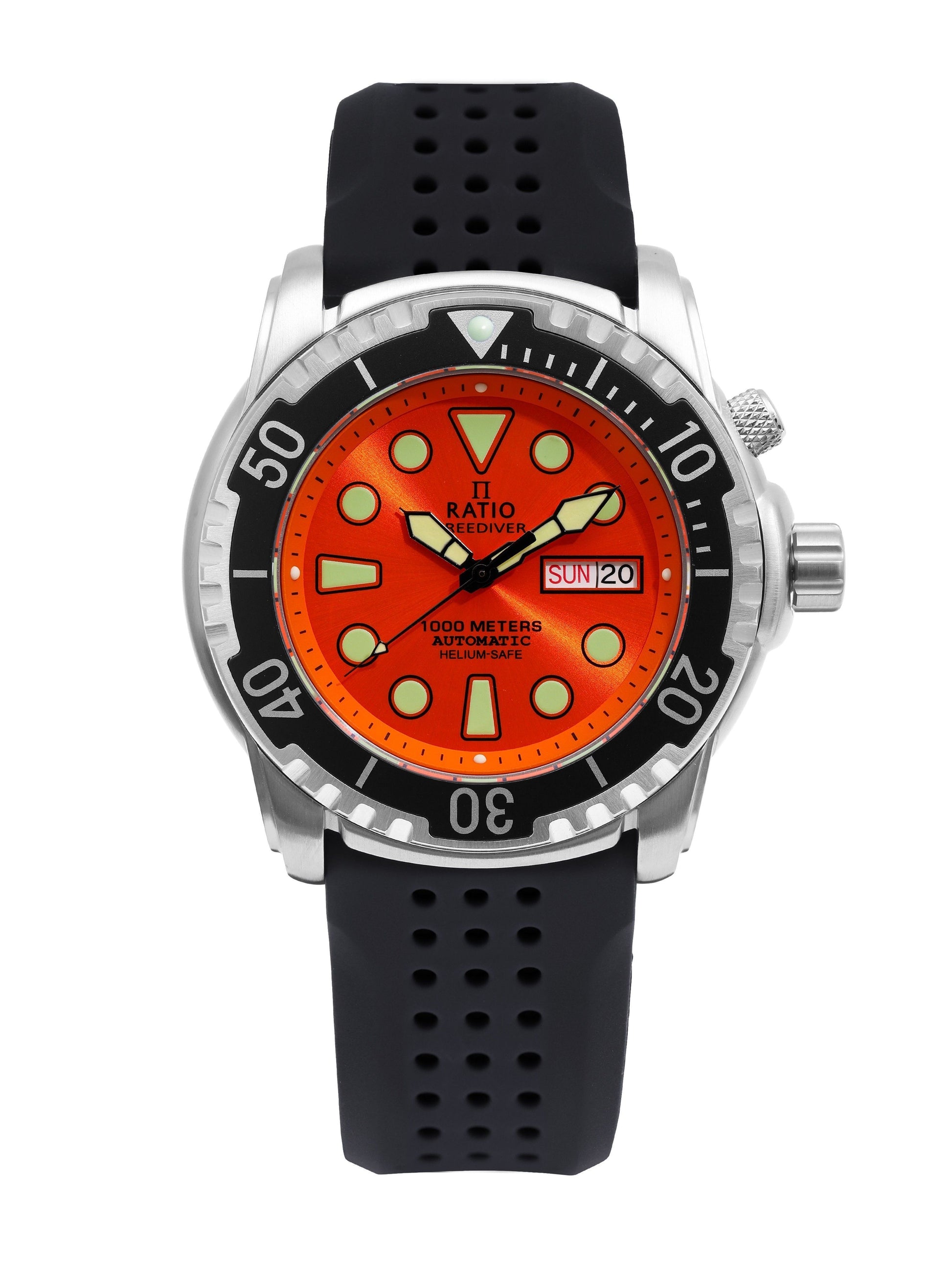 Ratio FreeDiver Version 02 Helium Safe 1000M Sapphire. A brand-new RATIO FreeDiver watch featuring a Orange dial. Side view.