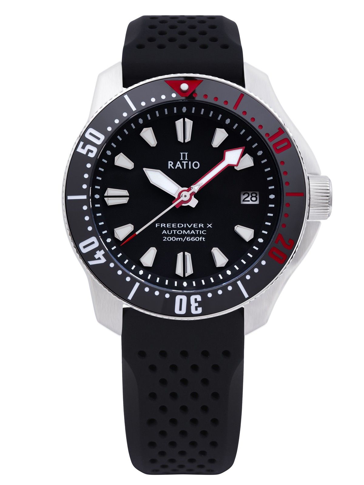 Ratio FreeDiver X Marine Black With Black Ceramic Inlay. A brand-new RATIO FreeDiver watch. Side view.