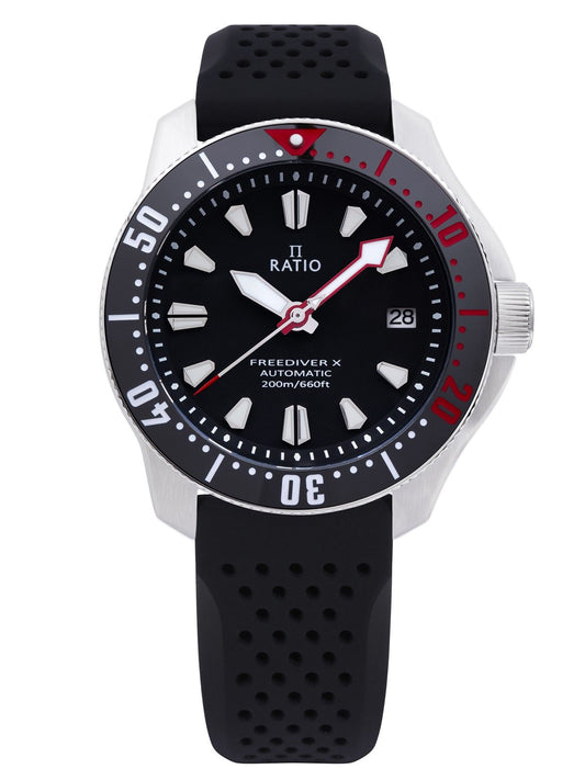 Ratio FreeDiver X Marine Black With Black Ceramic Inlay. A brand-new RATIO FreeDiver watch. Side view.