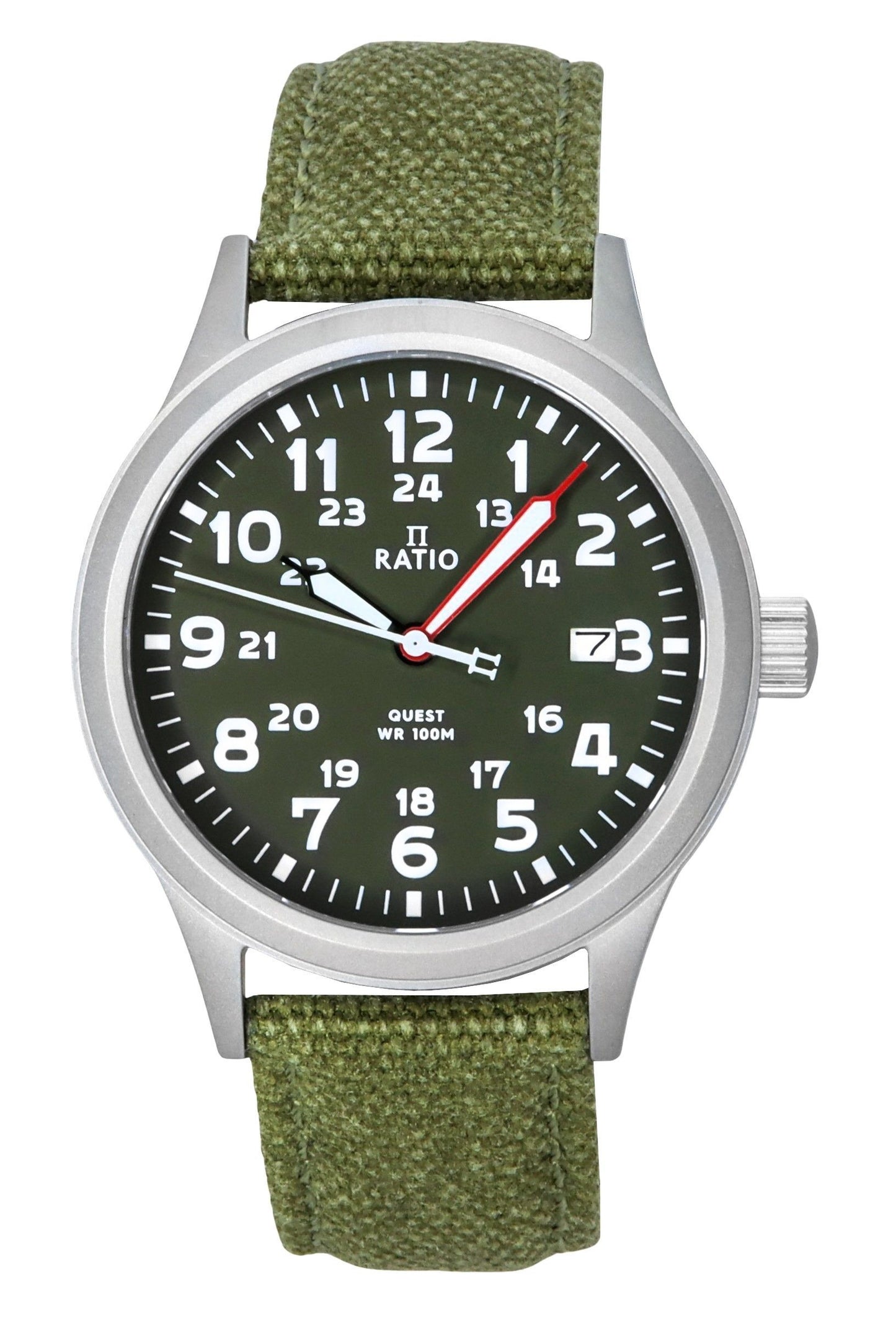 Ratio Quest Men's Field Watch Sapphire Canvas Strap Khaki. A brand-new RATIO Quest watch featuring a Green dial. Side view.