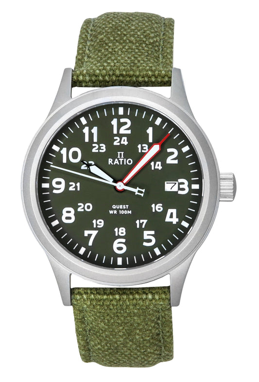 Ratio Quest Men's Field Watch Sapphire Canvas Strap Khaki. A brand-new RATIO Quest watch featuring a Green dial. Side view.