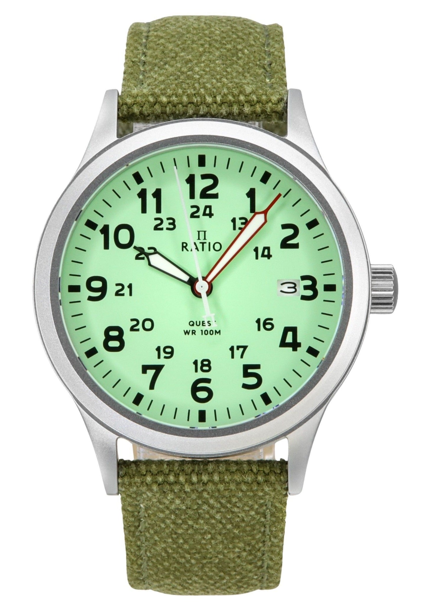 Ratio Quest Men's Field Watch Sapphire Canvas Strap Quartz. A brand-new RATIO Quest watch. Side view.