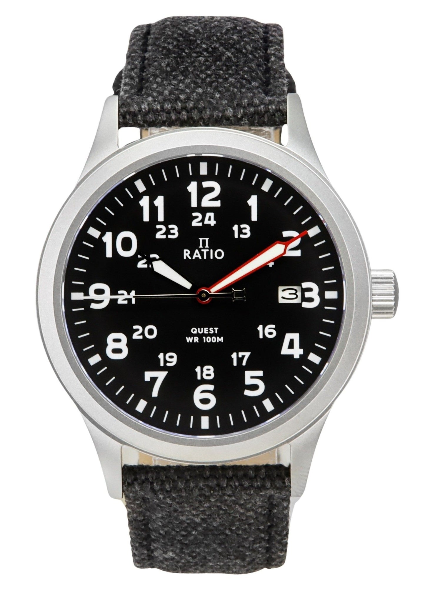 Ratio Quest Men's Field Watch Sapphire Canvas Strap Quartz. A brand-new RATIO Quest watch. Angled view.
