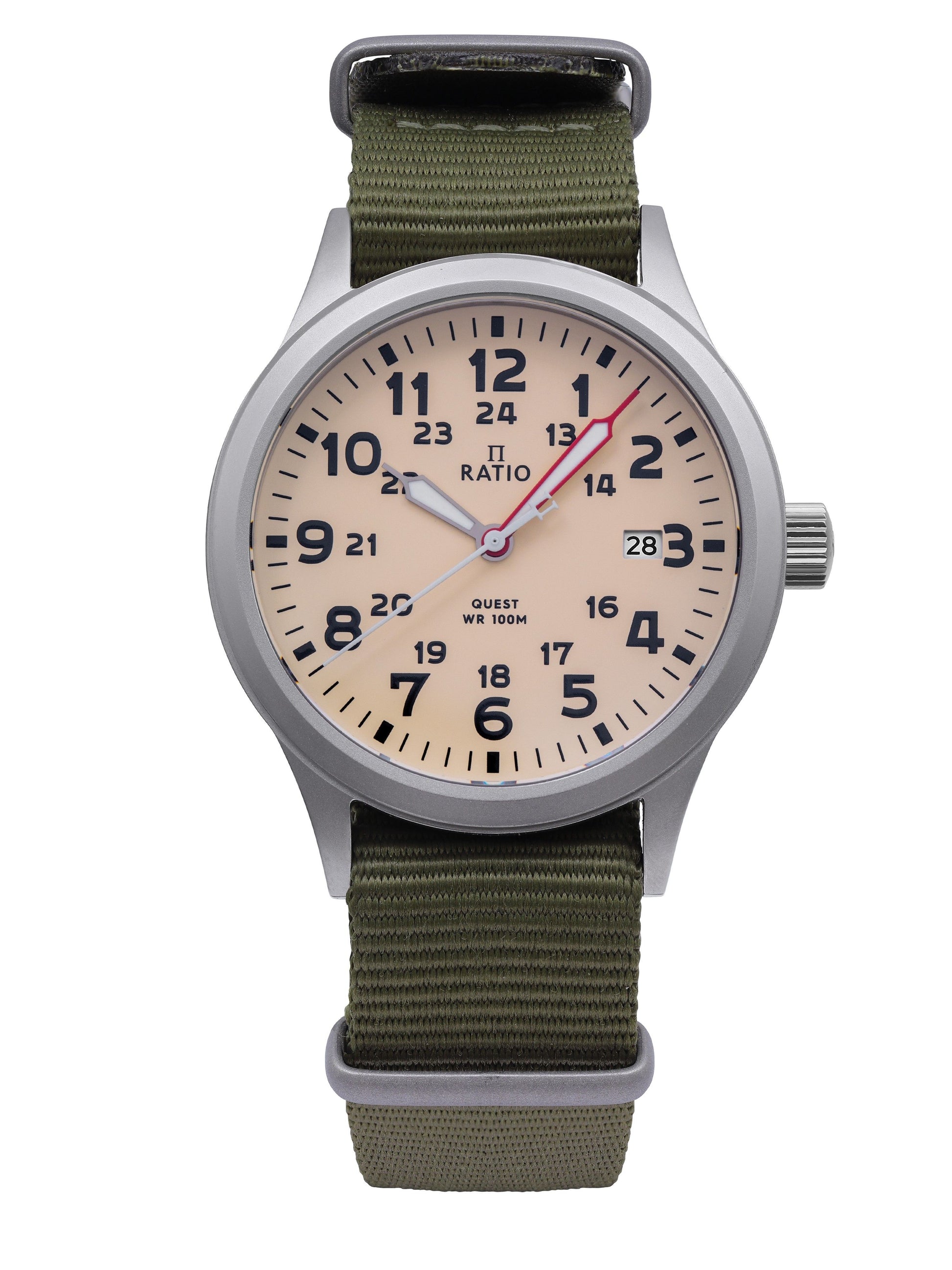 Ratio Quest Men's Field Watch Sapphire Nylon Strap Quartz. A brand-new RATIO Quest watch featuring a Nylon strap. Angled view.