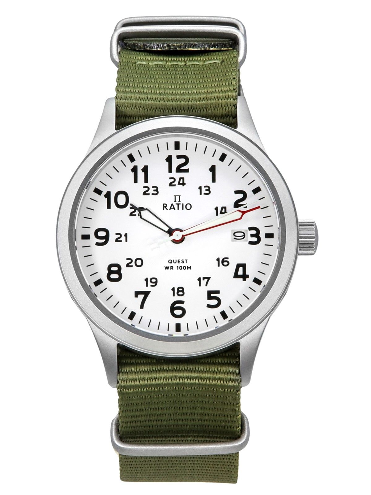 Ratio Quest Men's Field Watch Sapphire Nylon Strap Quartz. A brand-new RATIO Quest watch featuring a Nylon strap. Angled view.