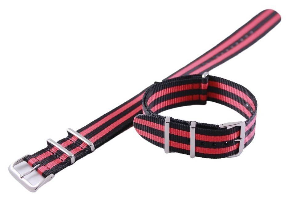 Ratio Red And Black Nato Watch Strap 22mm Water Resistant. A brand-new RATIO Nato watch. Angled view.