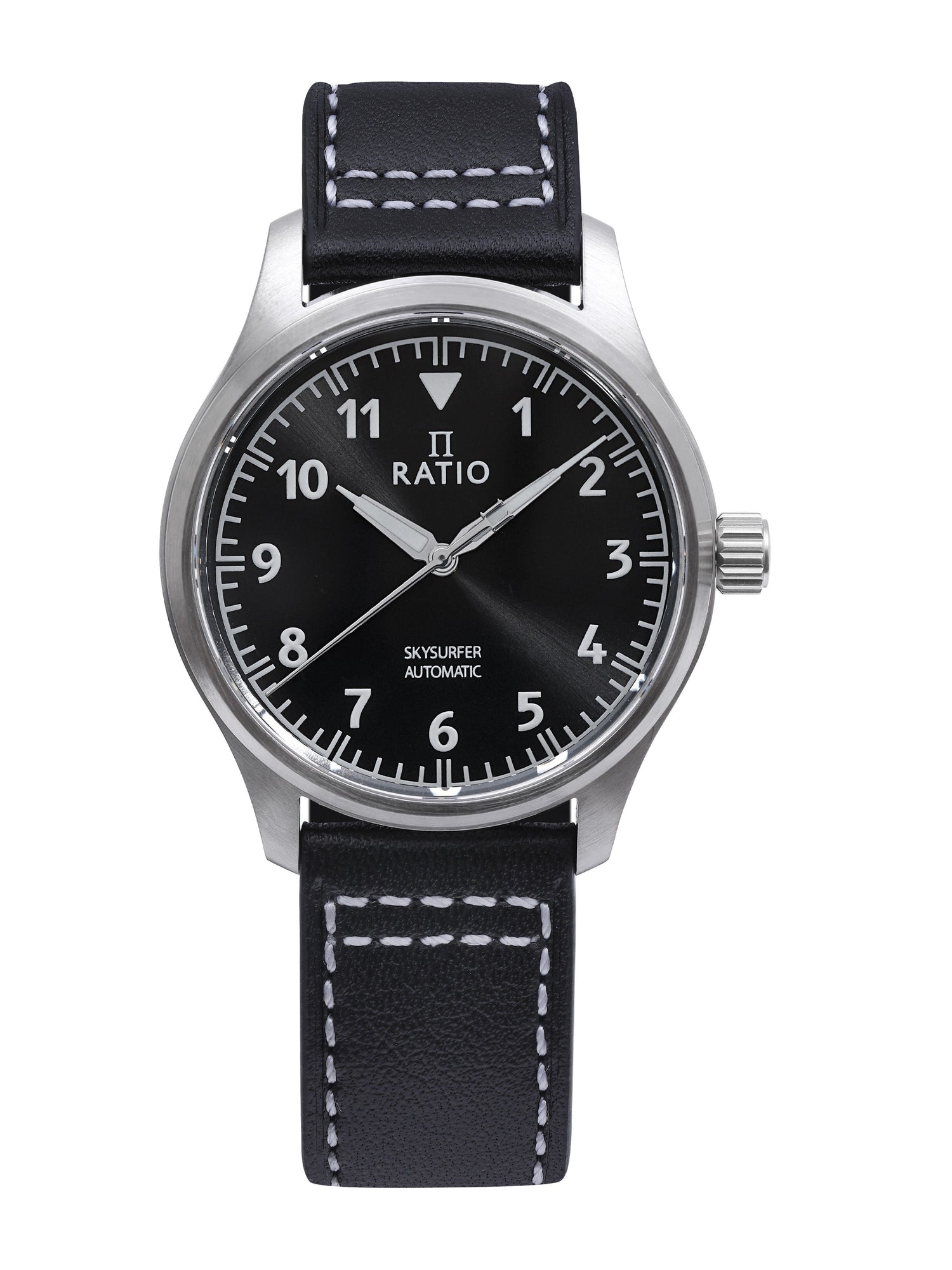 Ratio Skysurfer Pilot Black Sunray Dial Leather Automatic. A brand-new RATIO Skysurfer watch featuring a Leather strap. Side view.