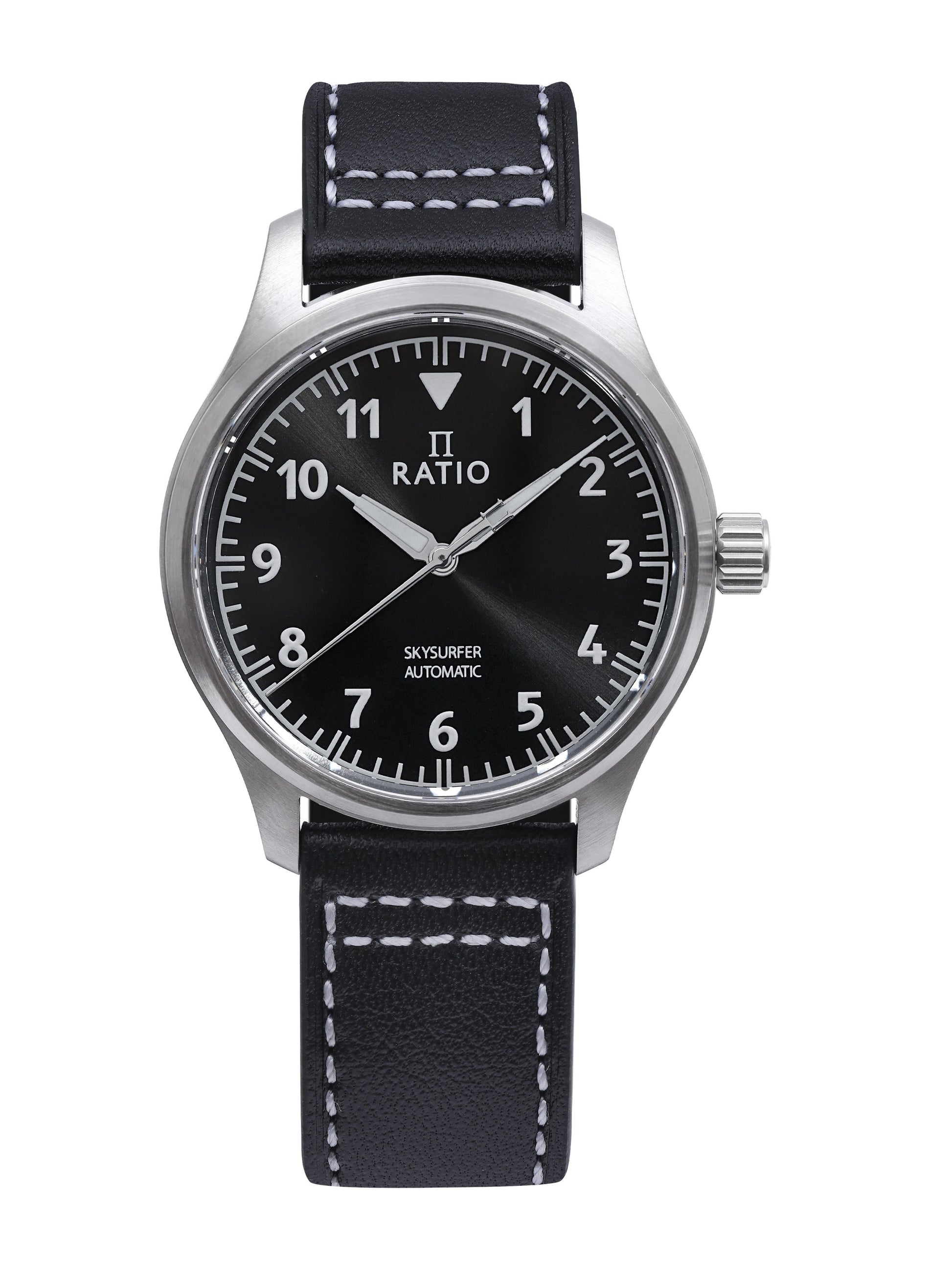 Ratio Skysurfer Pilot Black Sunray Dial Leather Automatic. A brand-new RATIO Skysurfer watch featuring a Leather strap. Side view.