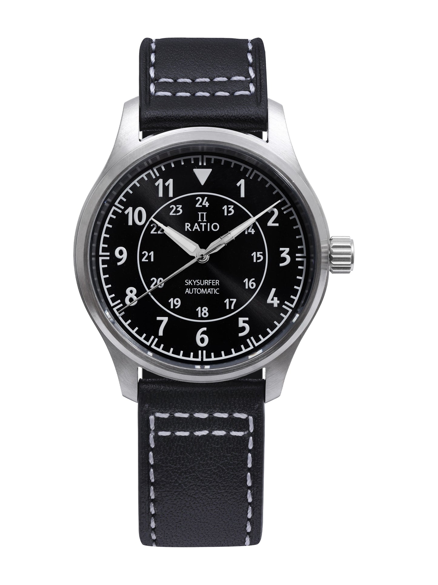 Ratio Skysurfer Pilot Black Sunray Dial Leather Automatic. A brand-new RATIO Skysurfer watch featuring a Leather strap. Front view.