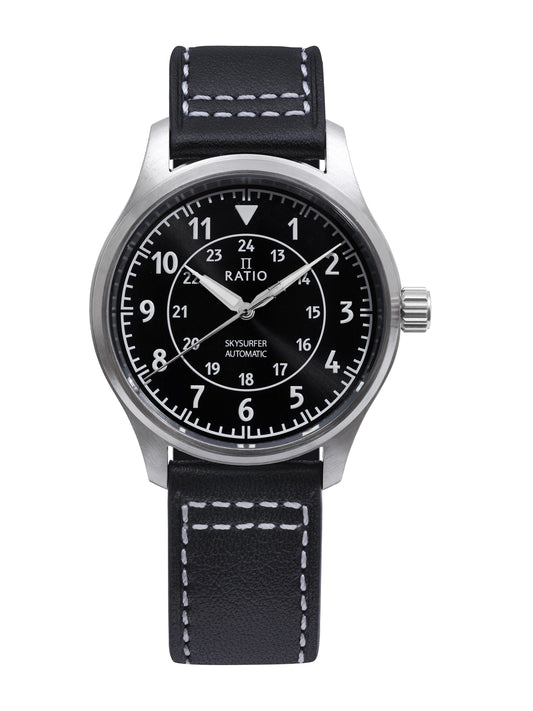 Ratio Skysurfer Pilot Black Sunray Dial Leather Automatic. A brand-new RATIO Skysurfer watch featuring a Leather strap. Front view.