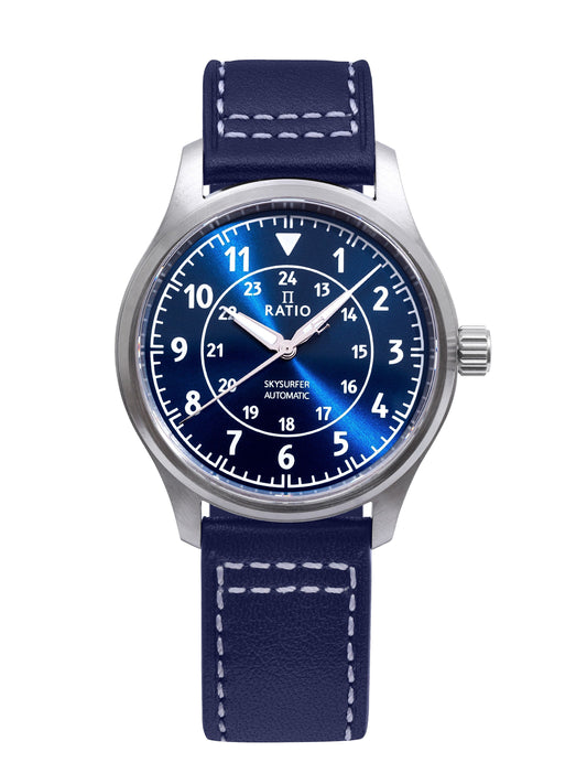 Ratio Skysurfer Pilot Blue Sunray Dial Leather Automatic. A brand-new RATIO Skysurfer watch featuring a Blue Sunray dial and a Leather strap. Front view.