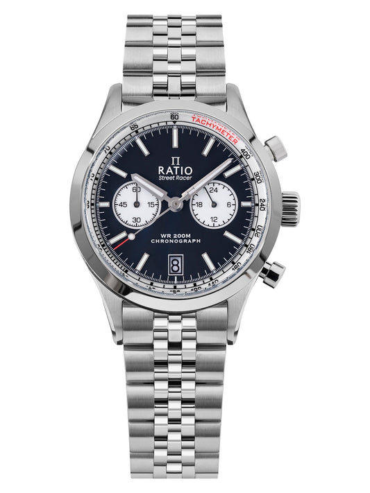 Ratio Street Racer Chronograph 200M Reverse Panda Dial Watch. A brand-new RATIO watch. Angled view.