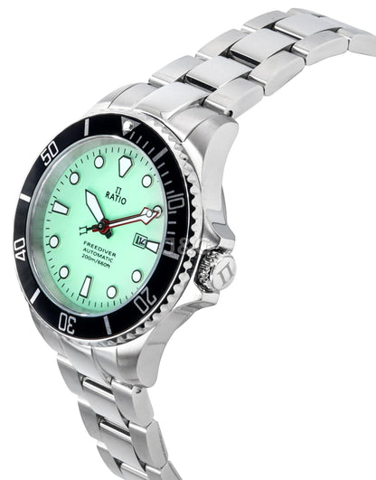 RATIO FreeDiver Automatic movement Green Stainless steel Female RTFL835. A brand-new RATIO FreeDiver watch featuring a Green dial and a Stainless steel strap. Angled view. - view 4