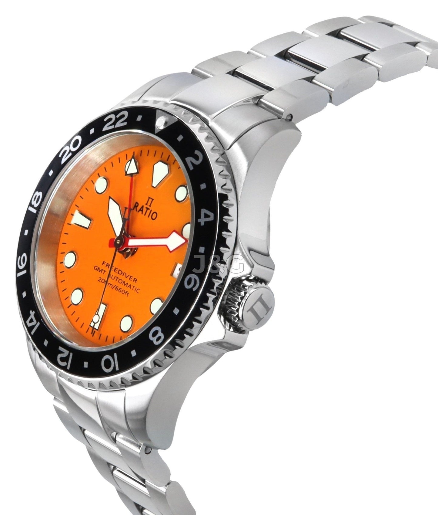 RATIO FreeDiver Automatic movement Orange Stainless steel Male RTF055. A brand-new RATIO FreeDiver watch featuring a Orange dial and a Stainless steel strap. Front view. - view 4