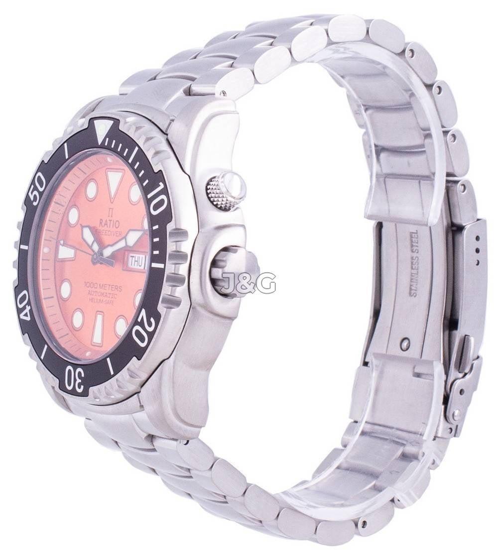 RATIO FreeDiver Automatic movement White Stainless steel Male 1068HA96-34VA-ORG. A brand-new RATIO FreeDiver watch featuring a White dial and a Stainless steel strap. Angled view. - view 3