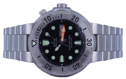RATIO FreeDiver Date display Black Stainless steel Male 1050MD93-02V-BLK. A brand-new RATIO FreeDiver watch featuring a Black dial and a Stainless steel strap. Front view. - view 5