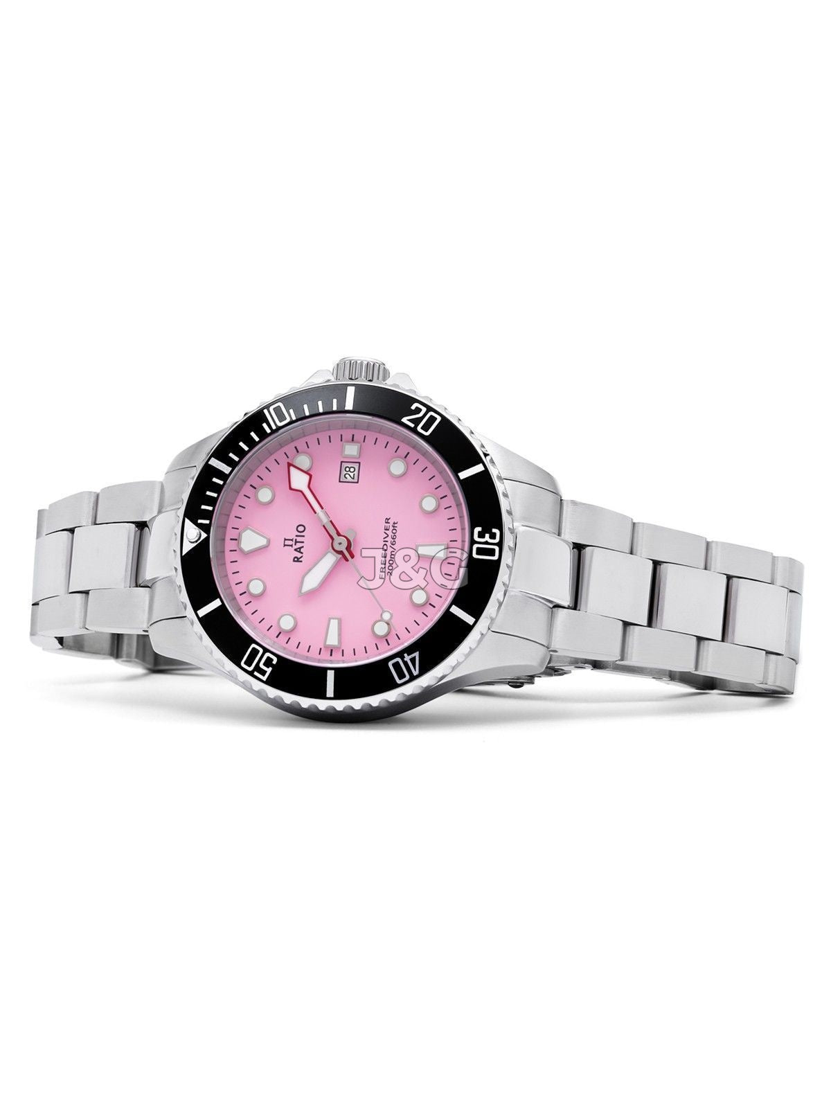 RATIO FreeDiver Quartz movement Pink Stainless steel Female RTFL809. A brand-new RATIO FreeDiver watch featuring a Pink dial and a Stainless steel strap. Side view. - view 2