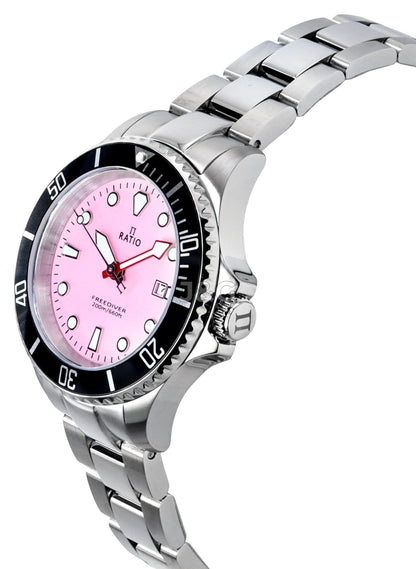 RATIO FreeDiver Quartz movement Pink Stainless steel Female RTFL809. A brand-new RATIO FreeDiver watch featuring a Pink dial and a Stainless steel strap. Side view. - view 4