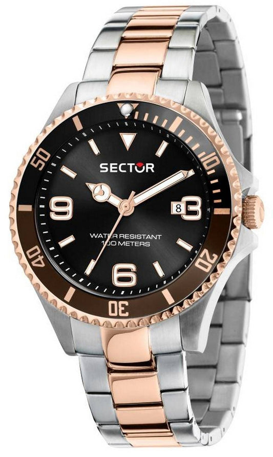 Refurbished Sector 230 Black Dial Two Tone Stainless Steel. A professionally refurbished Refurbished watch featuring a Black dial and a Stainless steel strap. Side view.
