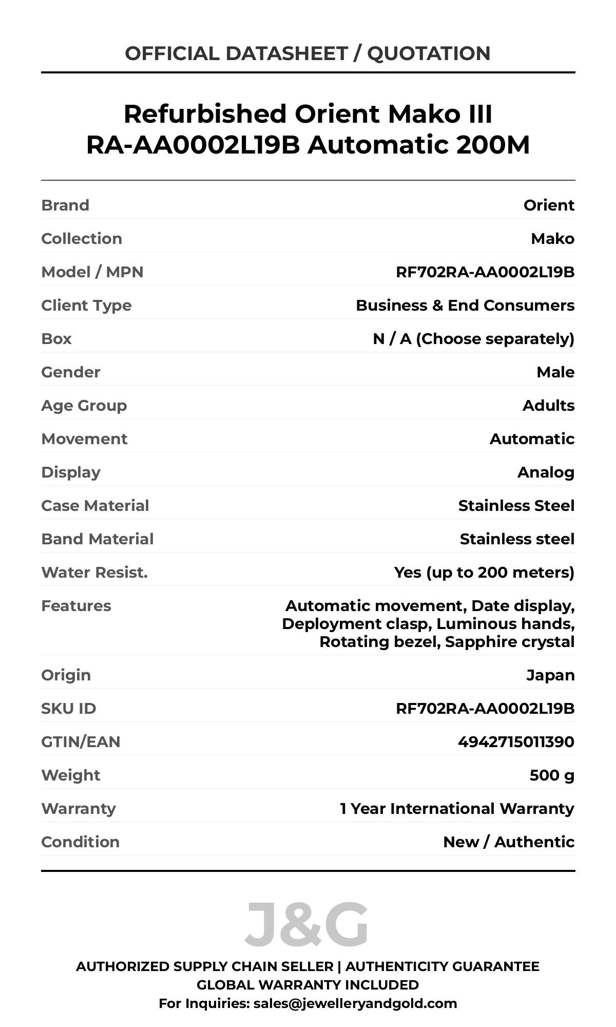 Refurbished Orient Mako III RA-AA0002L19B Automatic 200M. A brand-new Orient Mako watch featuring a Stainless steel strap. Front view. - DS_FINAL