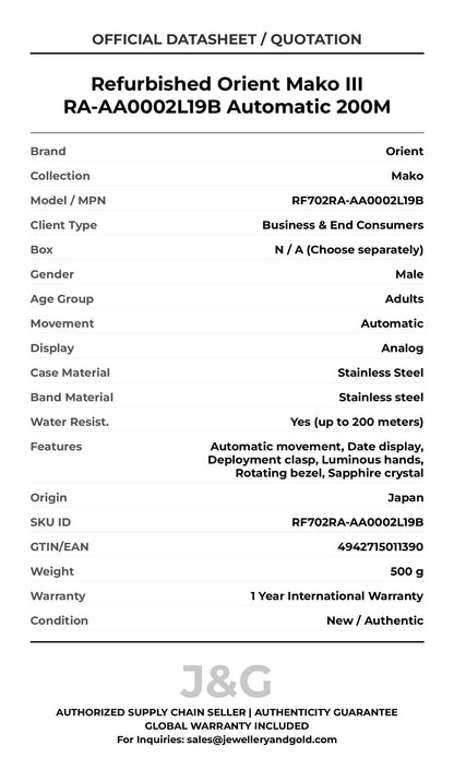 Refurbished Orient Mako III RA-AA0002L19B Automatic 200M. A brand-new Orient Mako watch featuring a Stainless steel strap. Front view. - DS_FINAL