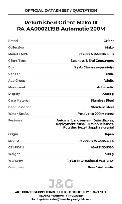 Refurbished Orient Mako III RA-AA0002L19B Automatic 200M. A brand-new Orient Mako watch featuring a Stainless steel strap. Front view. - MAIN_PH