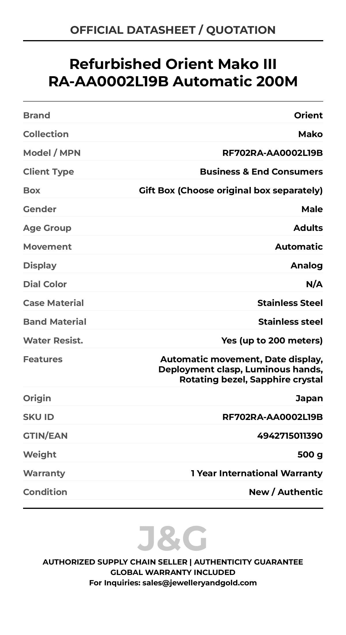 Refurbished Orient Mako III RA-AA0002L19B Automatic 200M. A brand-new Orient Mako watch featuring a N/A dial and a Stainless steel strap. Angled view. - MAIN_PH