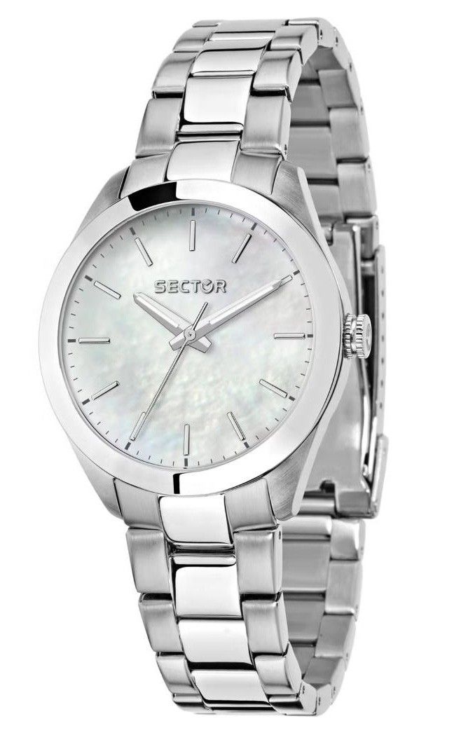 Sector 220 Just Time Stainless Steel Mother Of Pearl Dial. A brand-new Sector 220 watch featuring a Mother Of Pearl dial and a Stainless steel strap. Side view.