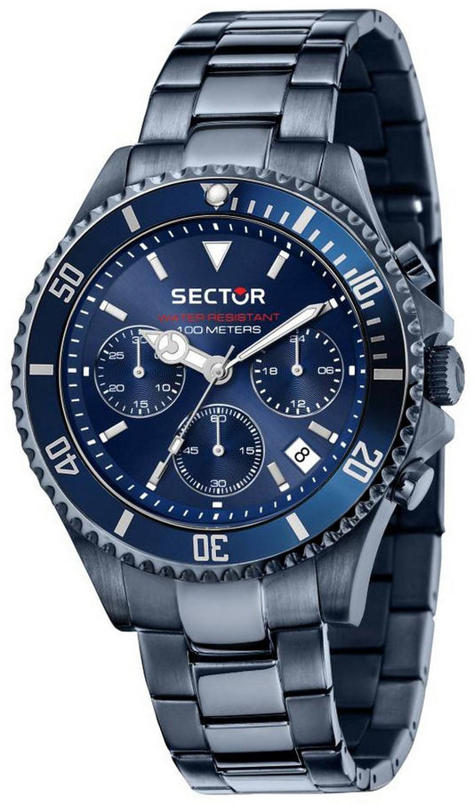 Sector 230 Chronograph Dark Blue Dial Stainless Steel. A brand-new Sector 230 watch featuring a Blue dial and a Stainless steel strap. Side view.